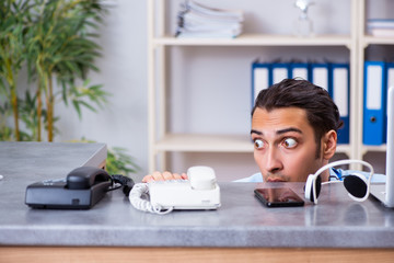 Young male travel agent working in the office