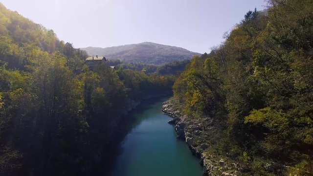 Aerial Drone view of Soca - Isonzo river in the Triglav National Park Slovenia