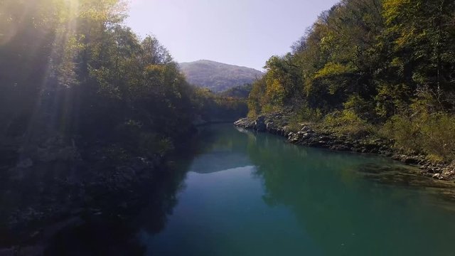Aerial Drone view of Soca - Isonzo river in the Triglav National Park Slovenia