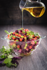 Traditional vegetarian Russian salad snack vinaigrette in rustic recipe. Beet Salad.Vegan cuisine.