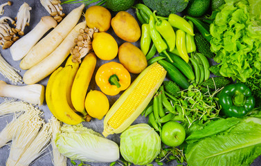 Assorted fresh ripe fruit yellow white and green vegetables mixed selection various mushrooms , top view - vegetables and fruits background healthy food clean eating for heart life cholesterol health