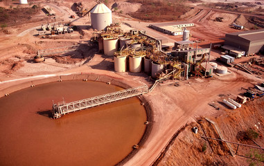 Aerial view of the tailings dam and processing plant of a Gold mine