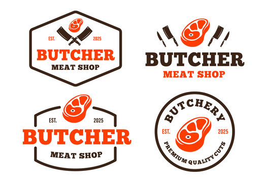 Set of retro styled butchery logo for groceries, meat stores, packaging and advertising