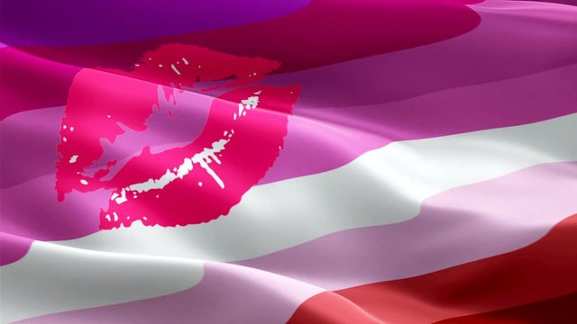 Lipstick Lesbian Flag Rainbow waving. 3d Labrys Pride Symbol flag waving Isolated. Sign of Rainbow seamless loop animation. red kiss Lesbian Lipstick flag HD resolution Background. LGBT rights Rainbow