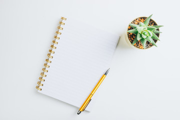 Minimal work space: notebook and golden pen on white background. Top view. flat lay.