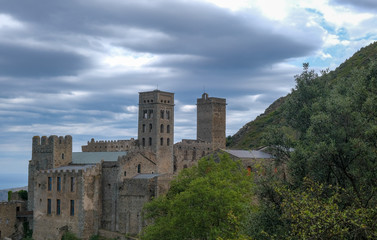 Monastery Sant Pere de Rodes, Catalonia,  Spain. Antique mountain monastery. Hiking trails in the sights of Catalunya, Spain. Preservation and popularization of historical monuments.