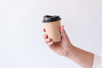 Woman hand holding disposable cup hot espresso coffee menu isolated on white background.Hot drink menu for customer in the coffee shop or restaurant.