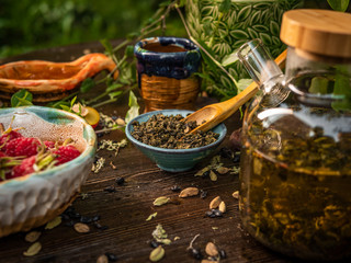 Preparation of the tea ceremony, tea in the bowl. Handmade cups