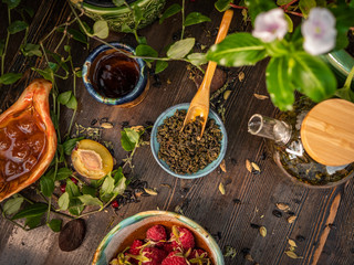 Preparation of the tea ceremony, tea in the bowl. Handmade cups