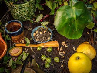 Preparation of the tea ceremony, tea in the bowl. Handmade cups