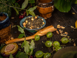 Preparation of the tea ceremony, tea in the bowl. Handmade cups