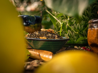 Preparation of the tea ceremony, tea in the bowl. Handmade cups