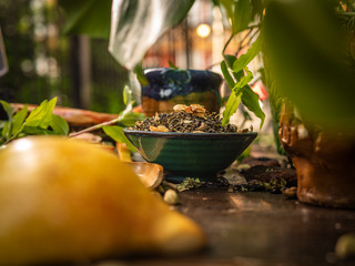Preparation of the tea ceremony, tea in the bowl. Handmade cups