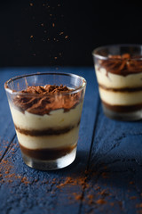 Tiramisu in a glass, sprinkled with chocolate. Freezing in motion.