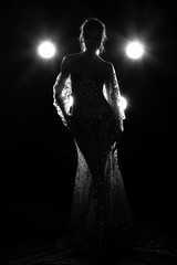 B&W dark tone of Erotic silhouette nice shape Asian woman in Lace see through evening gown splatter...