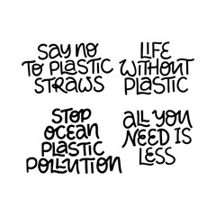 Stop plastic pollution handwritten black vector lettering set. Zero waste, plastic free slogans