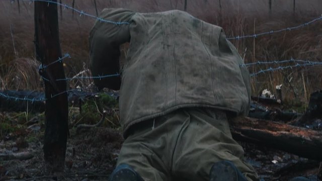 Dead soldier lying on the iron wire - scorched forest