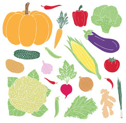 Vector hand drawn sketch doodle set bundle of colored vegetables isolated on white background