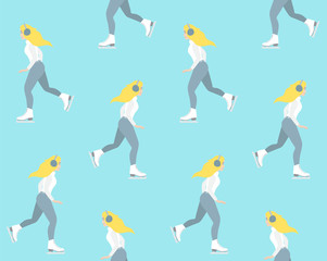 Vector seamless pattern of flat cartoon young woman riding ice skates isolated on pastel blue background
