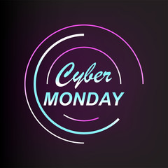 Cyber Monday sales design template. Vector illustration of a neon lamp with digital light, particles, and light effects.