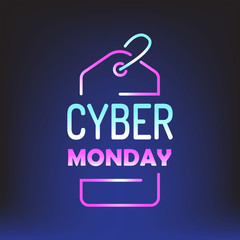 Cyber Monday sales design template. Vector illustration of a neon lamp with digital light, particles, and light effects.