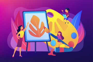 Female artist at easel teaching children painting with palette and brushes, tiny people. Art studio, open art classes, modern arts gallery concept. Bright vibrant violet vector isolated illustration