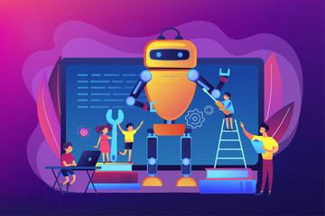 Kids programming and creating robot at class, tiny people. Engineering for kids, learn science activities, early development classes concept. Bright vibrant violet vector isolated illustration