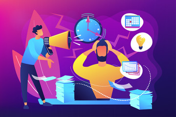 Exhausted, frustrated worker, burnout. Boss shout at employee, deadline. How to relieve stress, acute stress disorder, work related stress concept. Bright vibrant violet vector isolated illustration