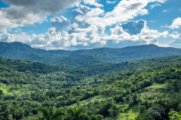 Naklejka na ściany i meble Mountains view, tropical landscape, palm trees, sky scape, sunlight through clouds, Dominican Republic 