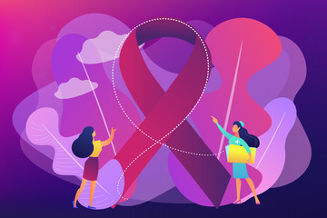 Doctor showing breast cancer awareness ribbon to the female patient. Breast cancer, women oncology factor, breast cancer prevention concept. Bright vibrant violet vector isolated illustration