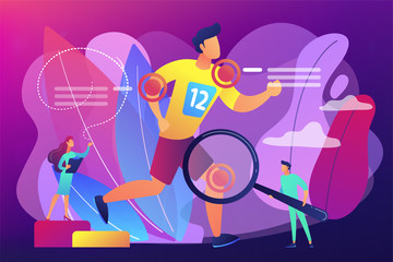 Athlete running and tiny people physicians treating injuries. Sports medicine, sports medical services, sports physician specialist concept. Bright vibrant violet vector isolated illustration