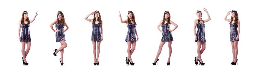 Stewardess pressing virtual buttons in the air