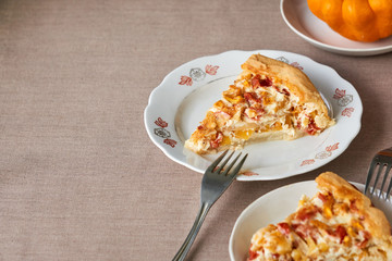 Piece of quiche with pumpkin and tomatoes