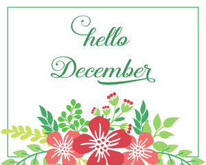 Lettering hello december, with ornate of wreath frame, isolated on white background. Vector