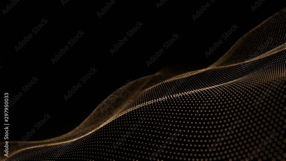 Poster futuristic grid wave of glitter gold digital dots data smooth seamless animation on dark with dim li