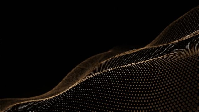 Futuristic grid wave of glitter gold digital dots data smooth seamless animation on dark with dim light background. Flow particles landscape. For cyber technology, sound visualization, big data