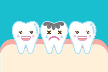 虫歯のかわいい歯のイラスト cute cartoon decayed tooth illustration