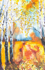 Paysage forestier russe avec de beaux bouleaux dans une clairière. Illustration aquarelle