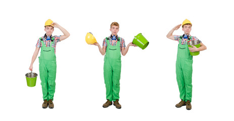 Funny painter with bucket isolated on white