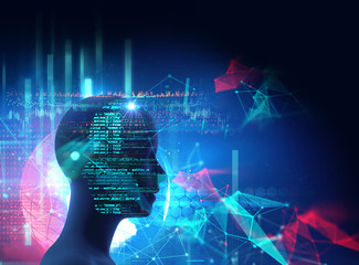 silhouette of virtual human on digital world map 3dillustration