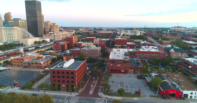 4k Drone Footage Downtown Oklahoma City OK Early Fall Morning Flight. Flying forward over Bricktown turning left and panning up to reveal Downtown Oklahoma City.
