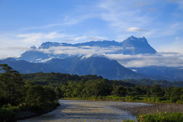 Amazing Beautiful Nature landscape view of Sunrise with  nature misty foggy and Mount Kinabalu,...