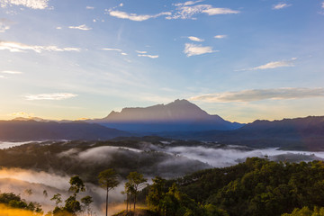 Amazing Beautiful Nature landscape view of Sunrise with  nature misty foggy and Mount Kinabalu, Sabah, Borneo