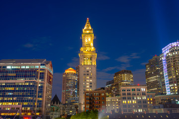 Boston Custom House and Financial District skyline at night, Boston, Massachusetts, USA.