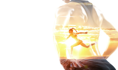 Athlete woman on white. Mixed media
