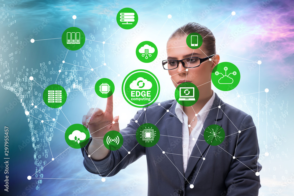 Poster businessman in edge and fog computing concept