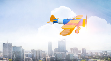 Retro airplane in sky. Mixed media