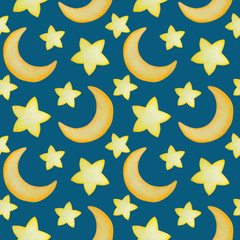 Watercolor seamless pattern with stars, clouds and moon. Hand drawn illustration. Decor for kids textile and wallpapers.