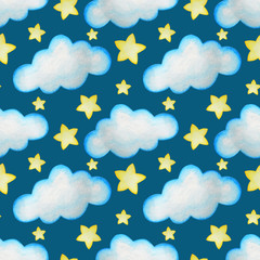 Watercolor seamless pattern with stars, clouds and moon. Hand drawn illustration. Decor for kids textile and wallpapers.