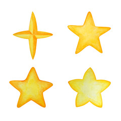 Watercolor set of stars different shapes and colors. Hand drawn illustration. Decor for kids textile and wallpapers.